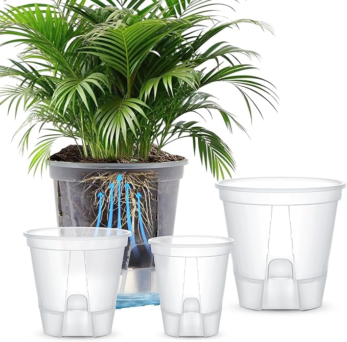 Self Watering Pots for Indoor Plants with Deep Reservoir and High Drainage Holes for Outdoor Plants and Flowers, Bare Root Planter(4.72''/5.91''/7.09''/8.27'',Clear,4 Pcs)