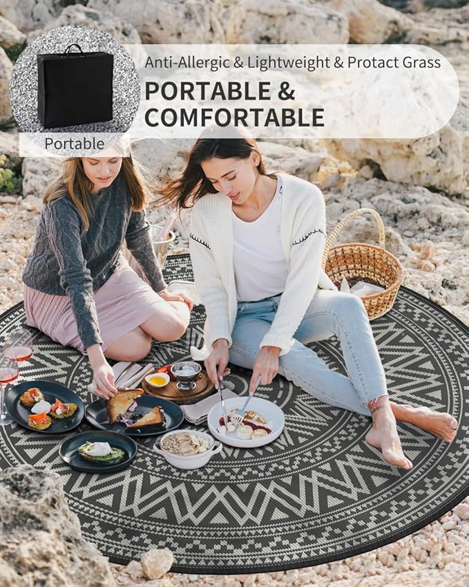 MontVoo Outdoor Rug Carpet Waterproof Round 10ft Outdoor Patio Rug Mat Reverisble Plastic Straw Outdoor Rug for RV Camping Picnic Beach Balcony Boho Grey