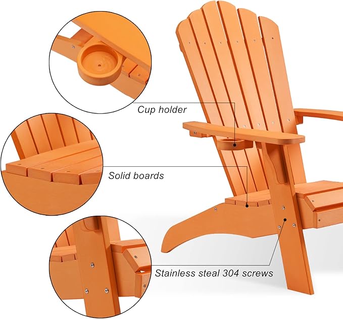 Psilvam Adirondack Chair, Oversized Poly Lumber Fire Pit Chair with Cup Holder, 350Lbs Support Patio Chairs for Garden, Weather Resistant Outdoors Seating, Relaxing Gift for Father & Mother (Orange)