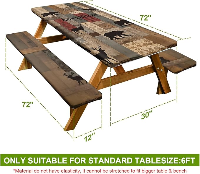 Picnic Table Cover with Bench Covers Set of 3 - Adventure Theme Rustic Bear Deer Wildlife Pattern, Elastic Fitted Tablecloth for 6 Ft Tables, Washable Polyester Cover for Camping, Indoor & Outdoor