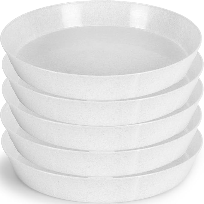 18 Inch (16.3 Inch Base) Case of 5 Plant Saucers - White Granite Colored Polypropylene – Heavy Duty Indoor/Outdoor – Collects Flower Pot Drainage and Excess Water– Made in USA