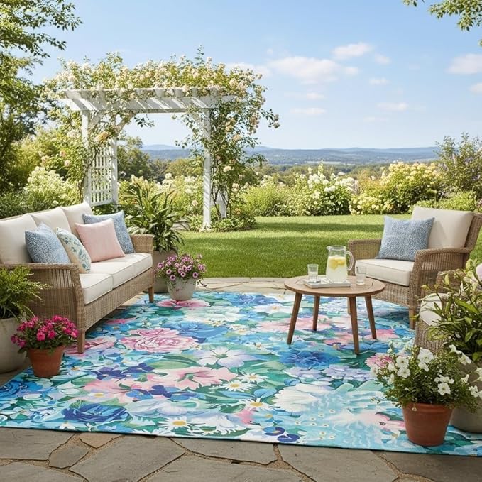Romantic Teal Blue Pink Flower Pattern 2x3 Outdoor Rug for Patio Porch Balcony Garden Country Rustic Waterproof Washable Outside Carpet Modern Botanical Floral Indoor Outdoor Carpet Floor Covers