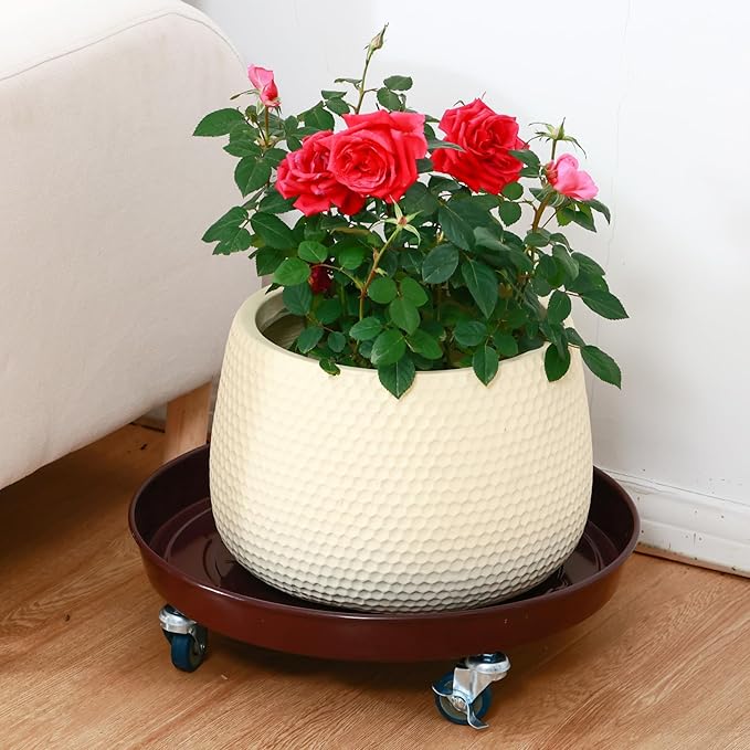 3 Packs Metal Plant Caddy with Wheels 16" Rolling Plant Stand Heavy Duty Plant Dolly with Casters for Indoor and Outdoor Large Planter Casters Potted Plant Mover, Dark Coffee