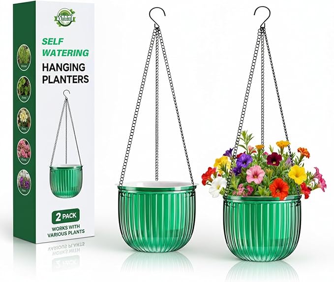 Halatool 8.3 Inch Hanging Pots for Plants Indoor- 2 Pack Self-Watering Hanging Planters Flower Pots, Plant Hanger with Hooks Drainage Holes for Garden Home (Green)