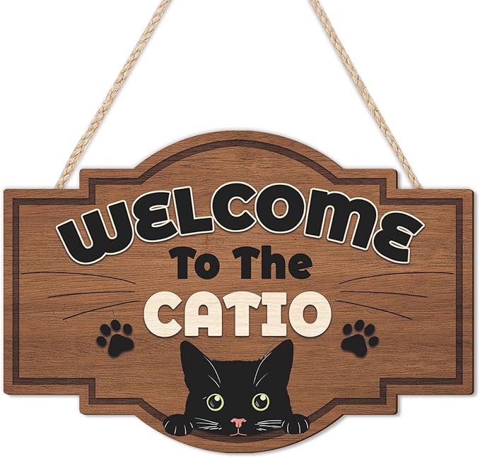 HLNIUC Welcome To The Catio Wood Sign(11”x8”) Funny Black Cats Wall Decor,Cute Black Cat Door Signs,Cats Home Porch Hanging Plaque,Animal Welcome People Tolerated Sign for cat Lover Front Door