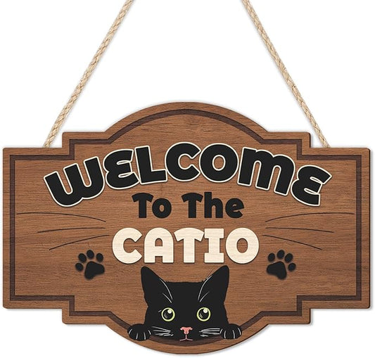 HLNIUC Welcome To The Catio Wood Sign(11”x8”) Funny Black Cats Wall Decor,Cute Black Cat Door Signs,Cats Home Porch Hanging Plaque,Animal Welcome People Tolerated Sign for cat Lover Front Door