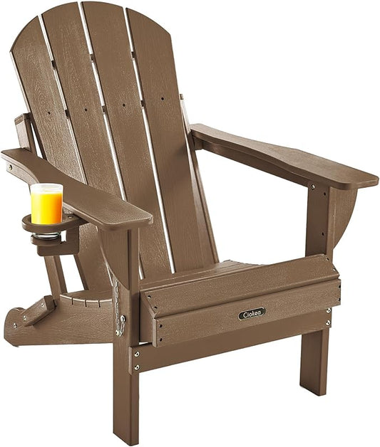 Ciokea Folding Adirondack Chair Wood Texture, Patio Adirondack Chair Weather Resistant, Plastic Fire Pit Chair with Cup Holder, Lawn Chair for Outdoor Porch Garden Backyard Deck, Brown