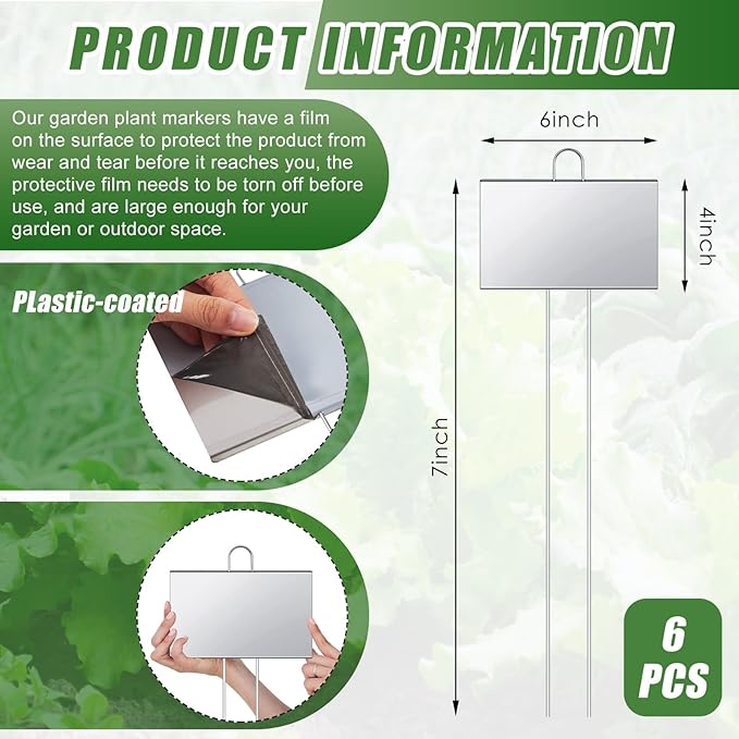 Landhoow 6 Pcs Large Garden Plant Markers Metal Plant Labels Sign 4'' x 6'' with 11'' Stake Weatherproof Waterproof Garden Sign for Outdoor Seedlings Herbs Vegetable Greenhouse, Silver