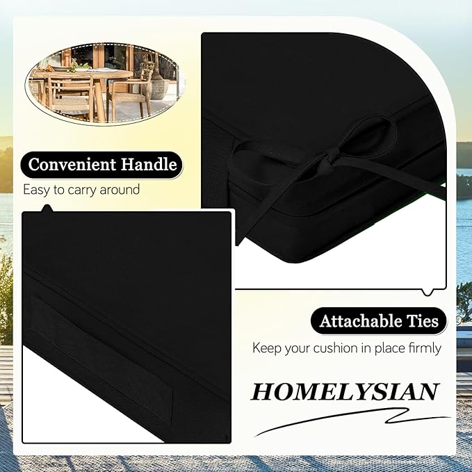 Waterproof Outdoor Chair Cushions Set of 2, Square Outdoor Seat Cushions with Ties and Removable Covers, 24 x 24 Outdoor Cushions for Patio Furniture with Portable Handle(Black)