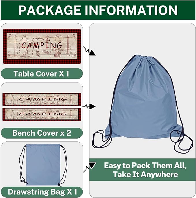 Picnic Table Cover with Bench Covers Elastic Edges, Red Plaid Fitted Table Cover, Outdoor Patio Camping Essentials 72 Inch 3PCS, Waterproof Camping Fitted Tablecloth with Drawstring Bag