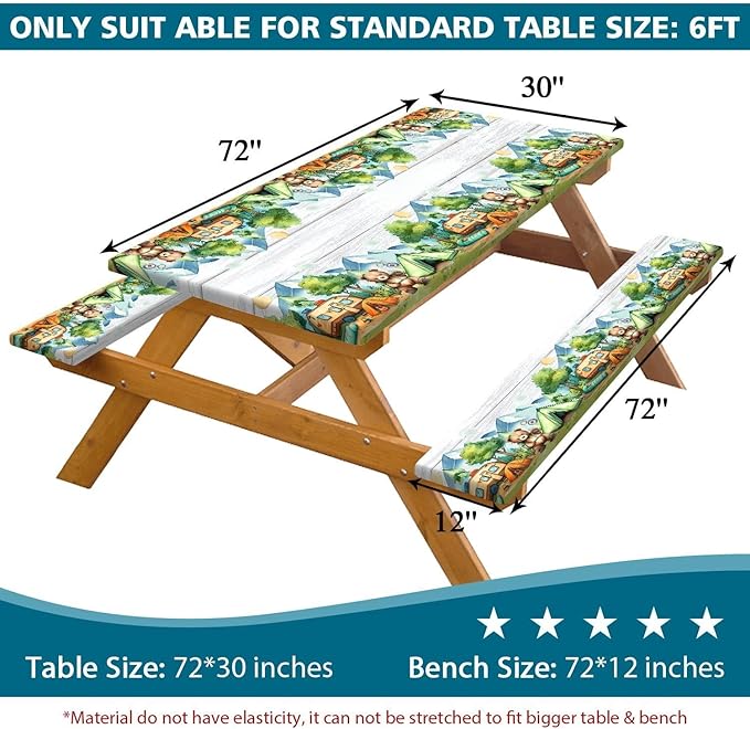 3PCS Picnic Table Cover with Bench Cover Wooden Forest Bear Camping Tablecloth Fitted Picnic Table Cover with Elastic Windproof Waterproof, Outdoor & Garden Camping Accessoriess 60IN