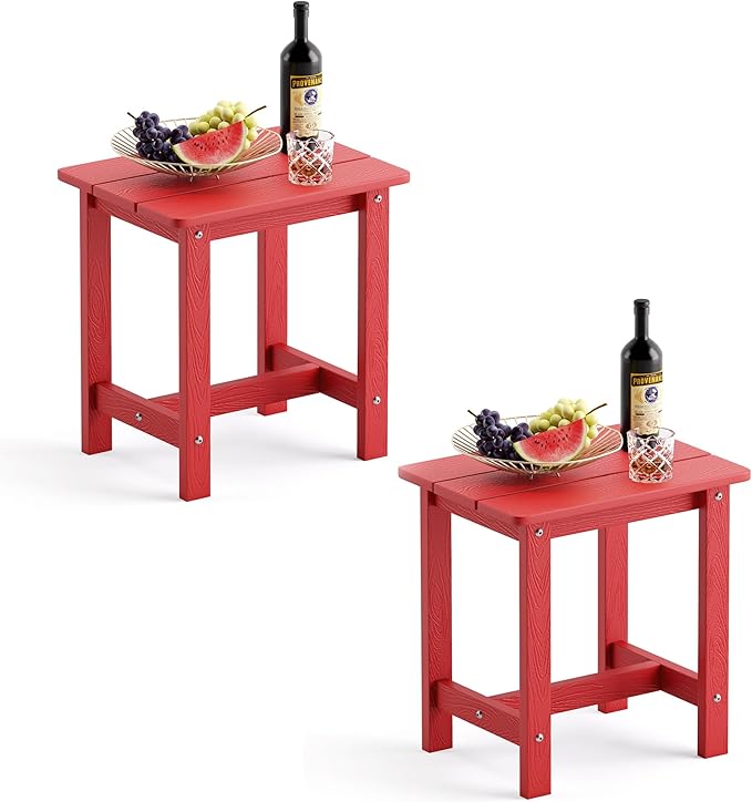 LUE BONA Outdoor Side Table Set of 2, HDPS Small Outdoor Table, Adirondack Side Table, Outside End Table for Patio, Porch, Pool, Weather Resistant/Easy Maintenance/Indoor or Outdoor Use, Bright Red