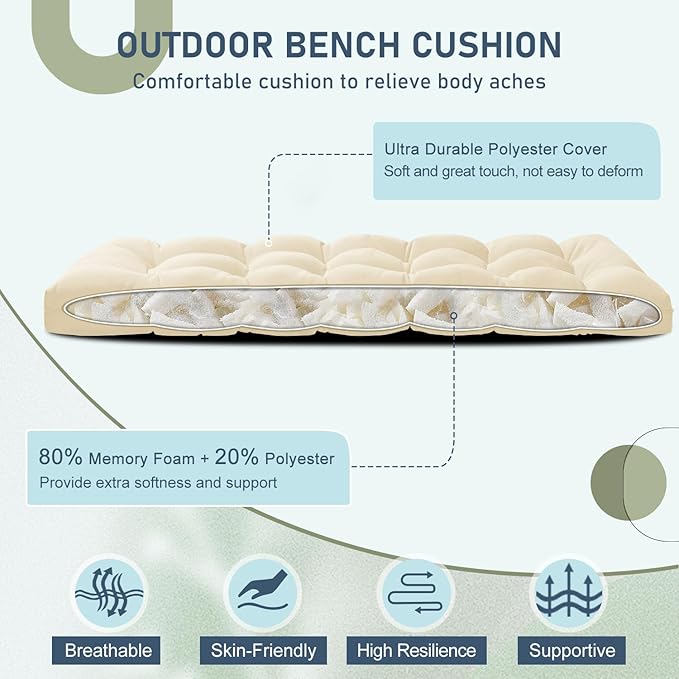 downluxe Outdoor Bench Cushion for Patio Furniture, Waterproof Tufted Overstuffed Porch Swing Cushions, Thick Outdoor Loveseat Cushions, 59" x 18" x 5", Beige, Set of 1