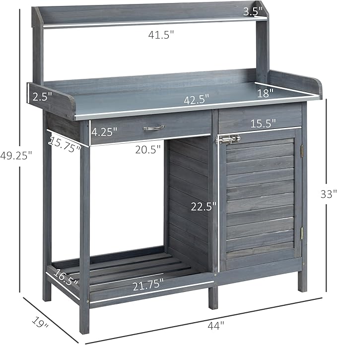 Outsunny Outdoor Potting Bench Table, Garden Work Station with Storage Cabinet, Open Shelf and Steel Tabletop, Gray