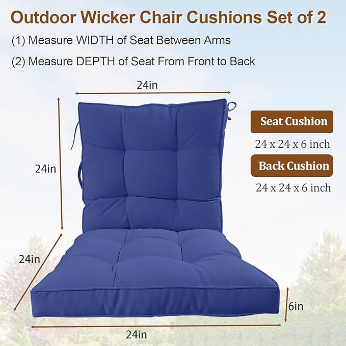 2 Piece Outdoor Patio Chair Cushions, Fade Resistant Outdoor Cushions for Patio Furniture, 6 inch Thickened Rocking Chair Cushions Set (Blue, 24x24x6 inch - 2 Pieces)