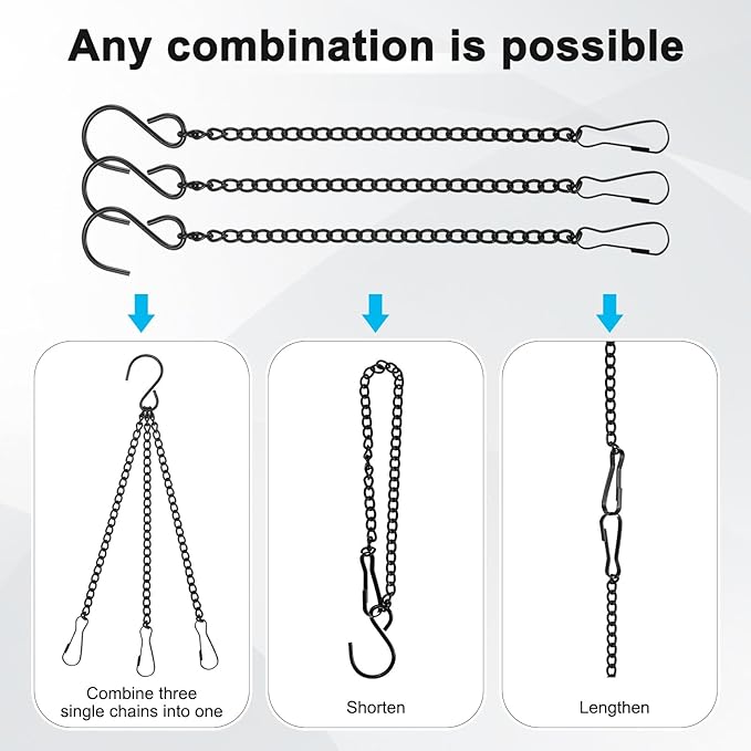 6-Pack Chain for Hanging Plants, 20cm(8 Inch) Adjustable Hanging Chain with Clips for Bird Feeder/Planter/Lantern/Wind Chime, Iron Basket Extender Hanger [Black]