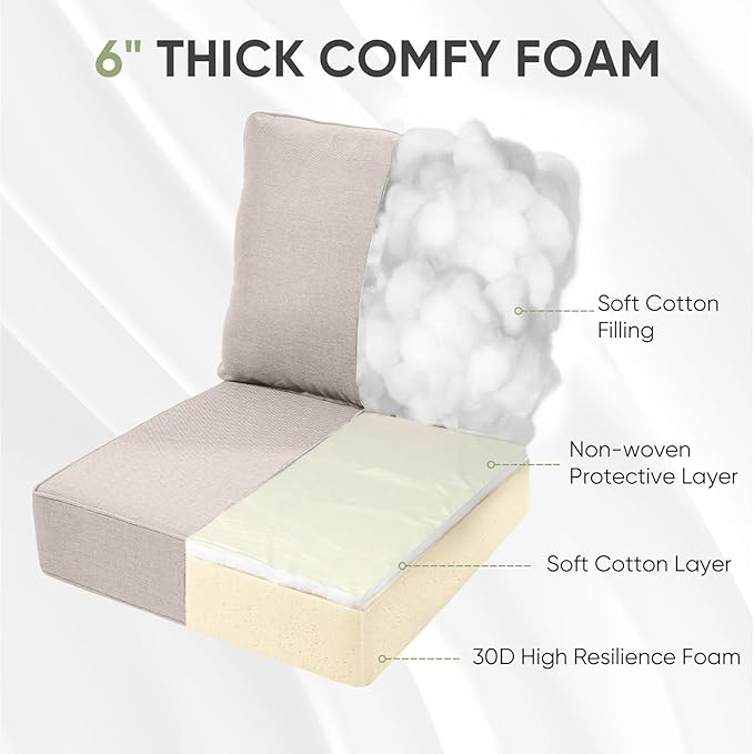 Outdoor Furniture Cushions, 6 inch Thick Seat Cushions for Outdoor Furniture, Waterproof 22x24 Patio Couch Cushions, Replacement Chair/Sofa Cushion, Include 3 Back & 3 Seat Cushion, Thick/Beige
