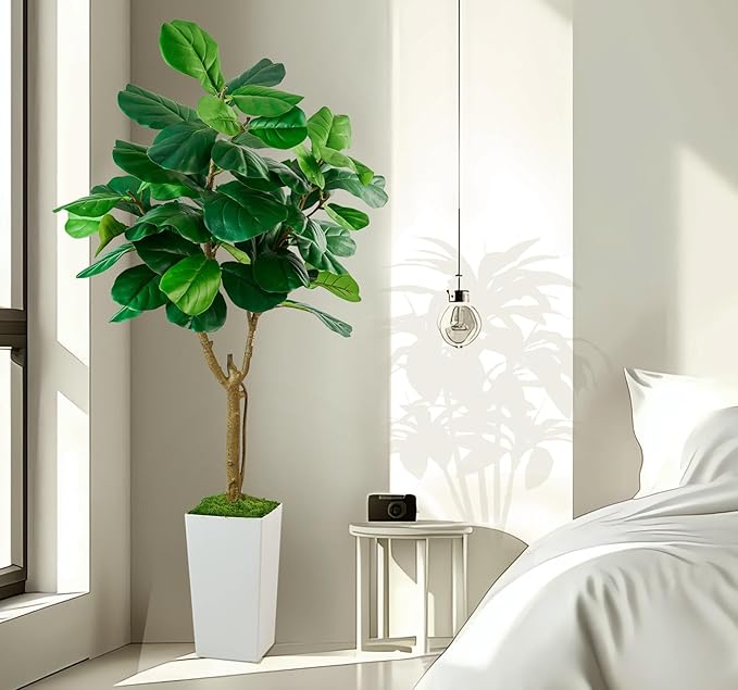 Fiddle Leaf Fig Tree, 6ft Artificial Tree with White Tall Planter, Large Faux Plants Indoor, Fake Fig Tree in Pot for Home Office Bedroom Living Room Decor Garden Outdoor Housewarming Gift