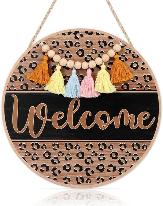 HLNIUC Welcome Hanging Sign Plaque(11”x11”) Rustic Farmhouse Hanging Plaque,Welcome Door Hanger with Beads Tassels,Minimalist Office Wooden Signs,Funny Front Wood Sign for Porch Home Outdoor Indoor