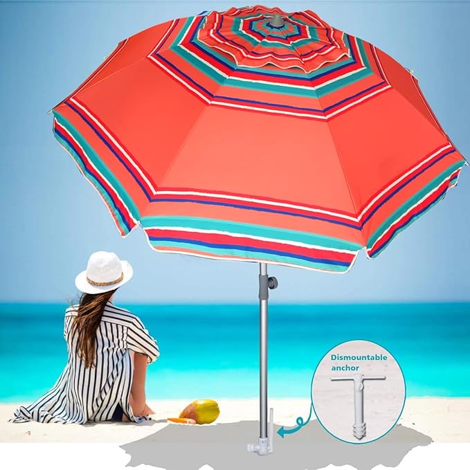 AMMSUN 7ft Heavy Duty HIGH Wind Beach Umbrella with sand anchor Vent Tilt Sun Shelter, UV 50+ Protection Portable Outdoor Sunshade Umbrellas Carry Bag for Patio Garden Pool Backyard Rust Red