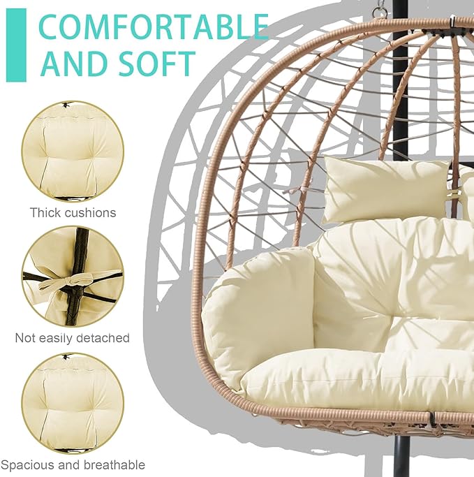 Hanging Egg Chair with Stand Indoor Swinging Chair Outdoor Hammock Egg Chair for Patio, Bedroom, Garden and Balcony (Milky White, Large)