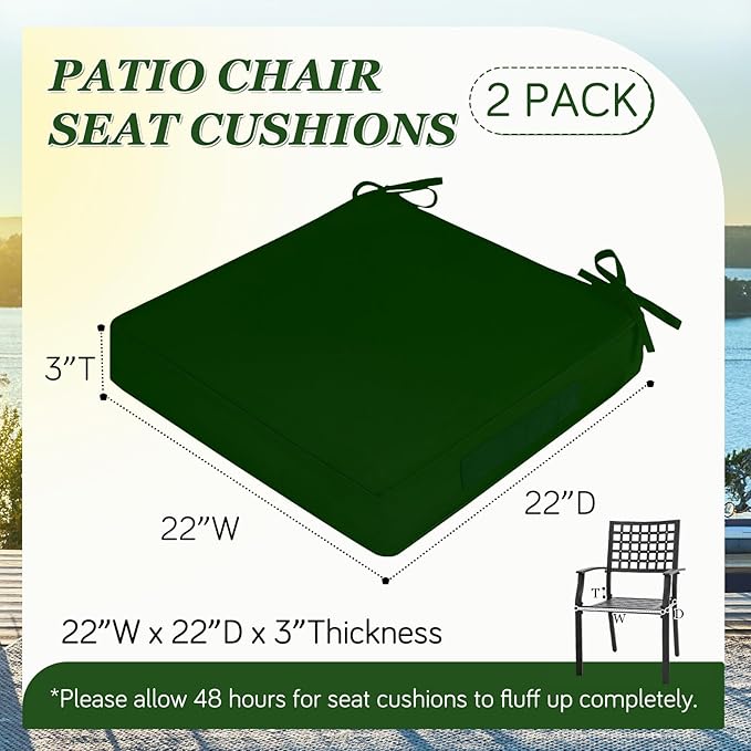 Waterproof Outdoor Chair Cushions Set of 2, Square Outdoor Seat Cushions with Ties and Removable Covers, 22 x 22 Outdoor Cushions for Patio Furniture with Portable Handle(Forest Green)