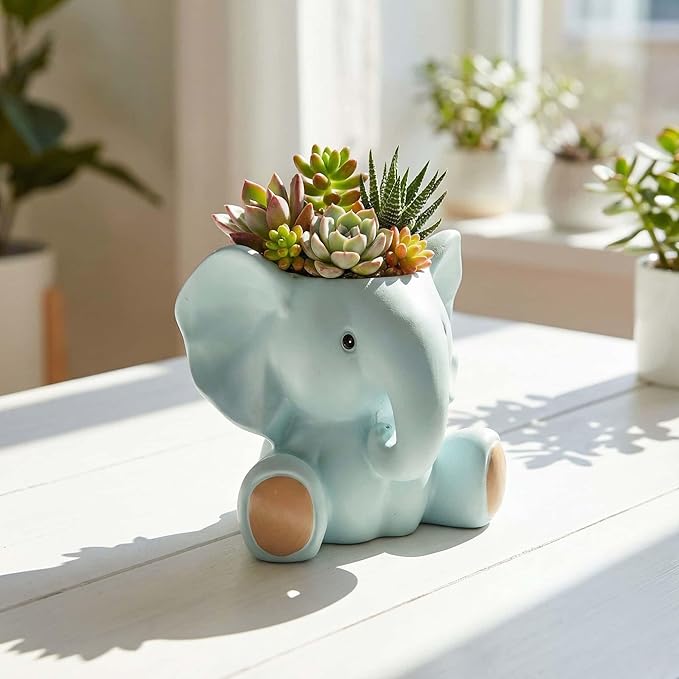 Small Plant Container | Unique Resin Flower Pot Sculpture | Succulent Flower Pot | White Elephant Gifts for Women | Perfect Plant & Elephant Gifts | Indoor & Outdoor Use (Blue)