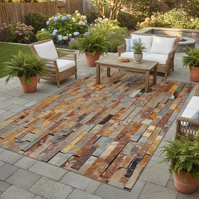 Rust Brown Yellow Stone Wall Texture Outdoor Area Rug for Patio Pool Deck Porch Balcony Garden 3D Visual Farmhouse Backyard Machine Washable Large Carpet 10x14 Non Slip Waterproof Outside Rugs Mat