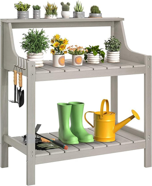 ONBRILL Potting Bench, HDPS Potting Bench with 4 Side Hooks, All-Weather Garden Table Work Station, Outdoor Potting Table for Porch, No Rust, No Fade, No Break, 360lbs Capacity (Grey, Large)