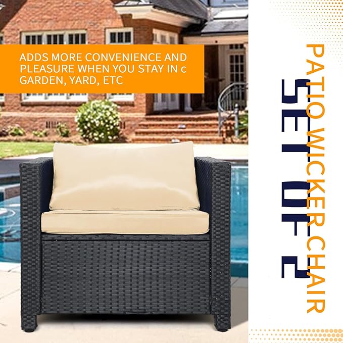 Outdoor Patio Chair Set of 2,Wicker Patio Chairs Set,Outdoor Rattan Chairs,Patio Furniture,Balcony Chairs, Wicker Furniture for Gardens, Backyards, Balconies,Poolside(Beige)