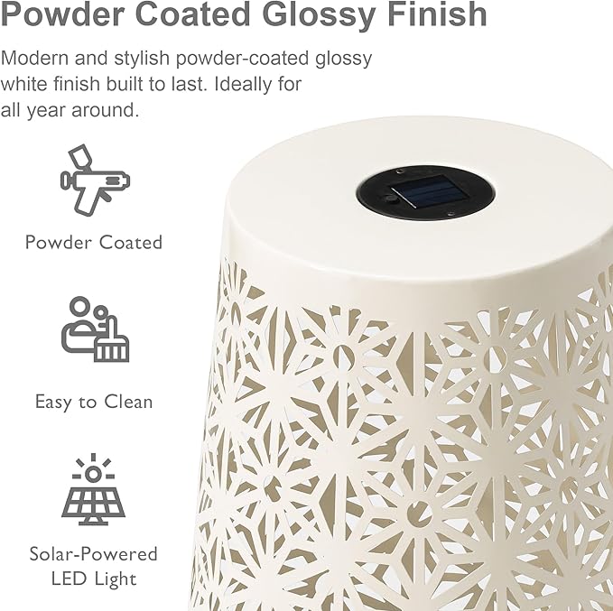 Glitzhome Ourdoor Side Table Set of 2,Solar Iron Cutout Geometric Pattern Decorative Garden Stool Planter Stand,Accent Table or Lantern for Patio Poolside Party Yard,White