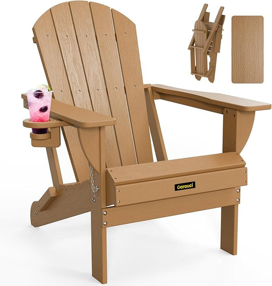 Carauci Plastic HDPE Adirondack Chair, Folding Adirondack Chair Weather Resistant with Cup Holder, Wooden Textured Fire Pit Outdoor Chair for Garden, Porch, Lawn, Backyard, Supports 380LBS, Teak