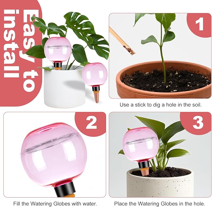 4 Pack Self Watering Globes 17oz Large Plant Watering Globes Top Fill, Self Water Planter Insert Indoor/Outdoor Plastic Water Bulbs Slow Release Terracotta for Plants, Pink