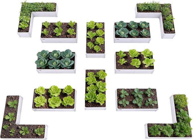 A ANLEOLIFE 12-Piece 18 Inch Tall Raised Garden Beds Kit, Rectangular & L-Shaped Combo Metal Planters – Ideal for Backyard DIY Creative Layouts, Antique White