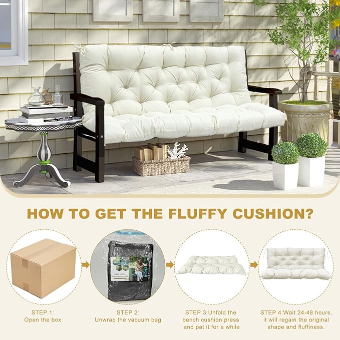 60" Porch Swing Cushion with Backrest, Waterproof Outdoor Bench Swing Cushions 3 Seater Replacement Thickened Swing Cushions with Ties for Patio Garden Backyard,Beige,60x40in