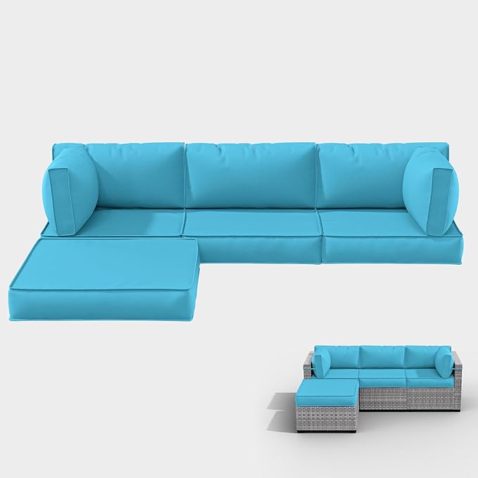 Outdoor Cushions for Patio Furniture with 5 Pillows, Waterproof Patio Furniture Cushions Replacement, 4" Deep Seat Outdoor Sectional Cushions for 4-seat Patio Furniture Chair Sofa Couch,Lake Blue