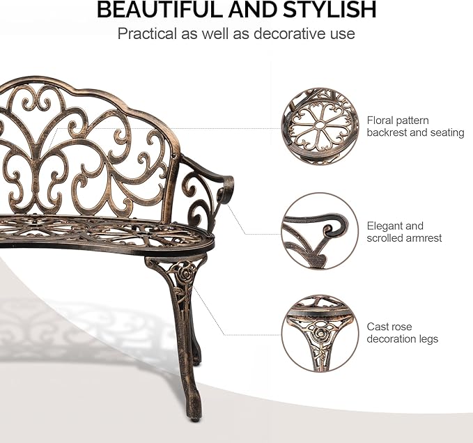 VINGLI 38.5" Patio Park Garden Outdoor Metal Rose Bench, 2-Person Cast Iron Cast Aluminium Frame Antique Finish Chair,Accented Lawn Front Porch Path Yard Decor Deck Furniture (Bronze, Butterfly)