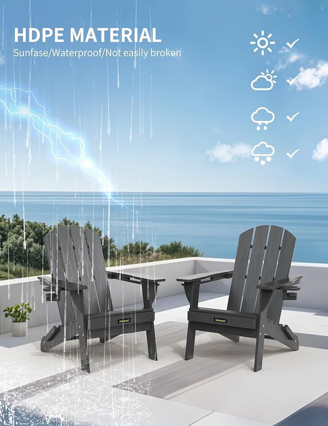 Folding Adirondack Chair Set of 2, Wooden Textured Plastic Adirondack Chairs with 2 Cup Holder, Weather Resistant HDPE Fire Pit Chair, Outdoor Patio Chairs for Garden, Backyard, Lawn, Deck, Grey