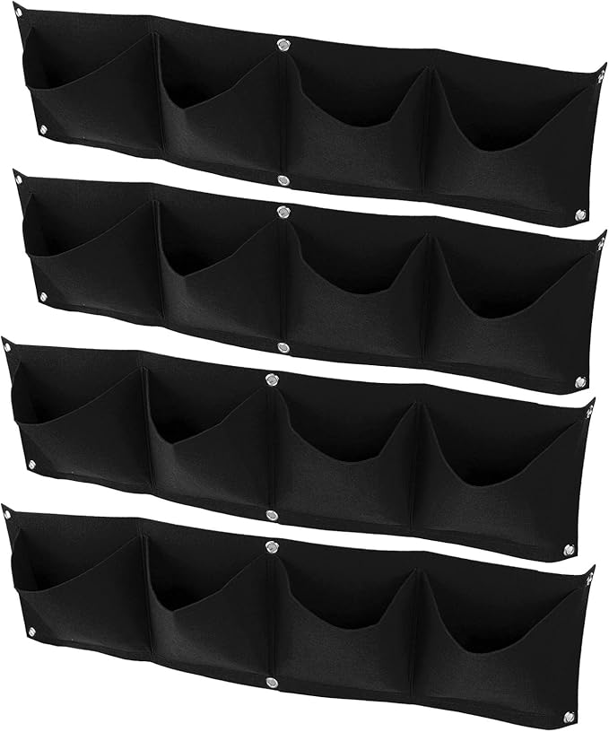 4Pcs 4 Pocket Felt Vertical Wall Garden Planter Plant Grow Bag Reusable Wall Mounted Planting Growing Bag for Flower Vegetable(Black)