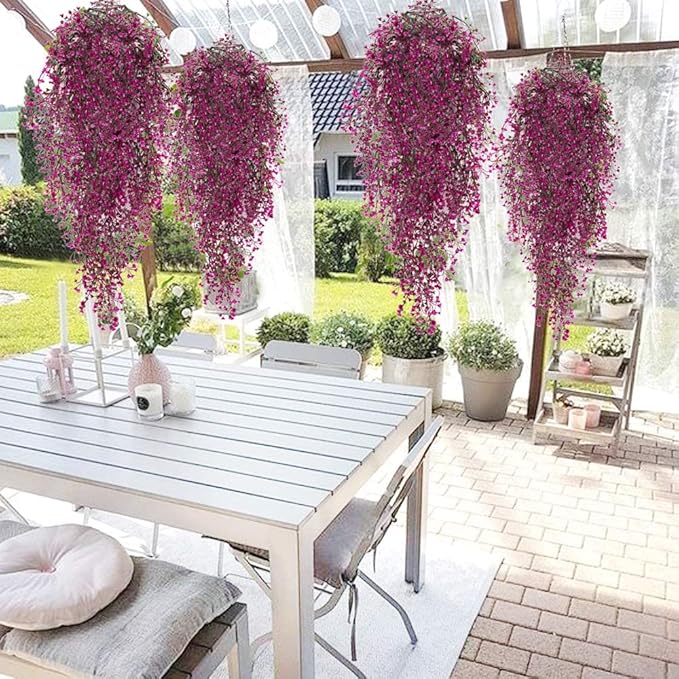 RECUTMS Hanging Fake Vines Artificial Hanging Plants Greenery 4Pcs Faux Wall Vines Ferns with Plastic Flowers for Valentines Day Bedroom Indoor Outdoor Living Room Spring Decoration(Fuchsia)