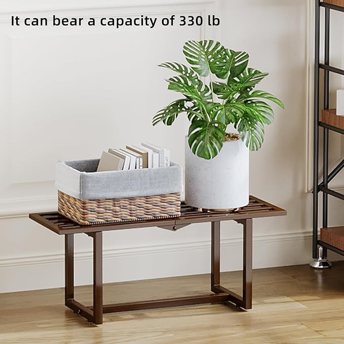 Modern Indoor Plant Stand for Living Room Corner, Foldable Metal Plant Display Shelf for Multiple Pots,Mid Century Slatted Bench for Patio, Garden Load Bearing 330 lbs 26" L x 10.4" H x 8.6" W 2 Pack Coffee