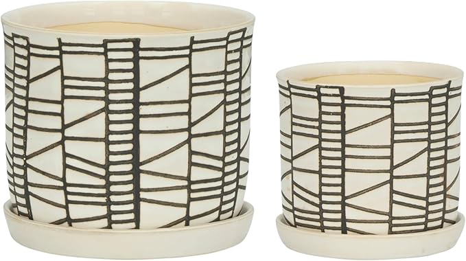 Set of 2 Geometric Decorative Ceramic Planter Pots with Saucer – Stoneware Outdoor & Indoor Plant Pots with Drainage – Modern Garden & Home Decor Ceramic Planters – 6" & 8", Ivory