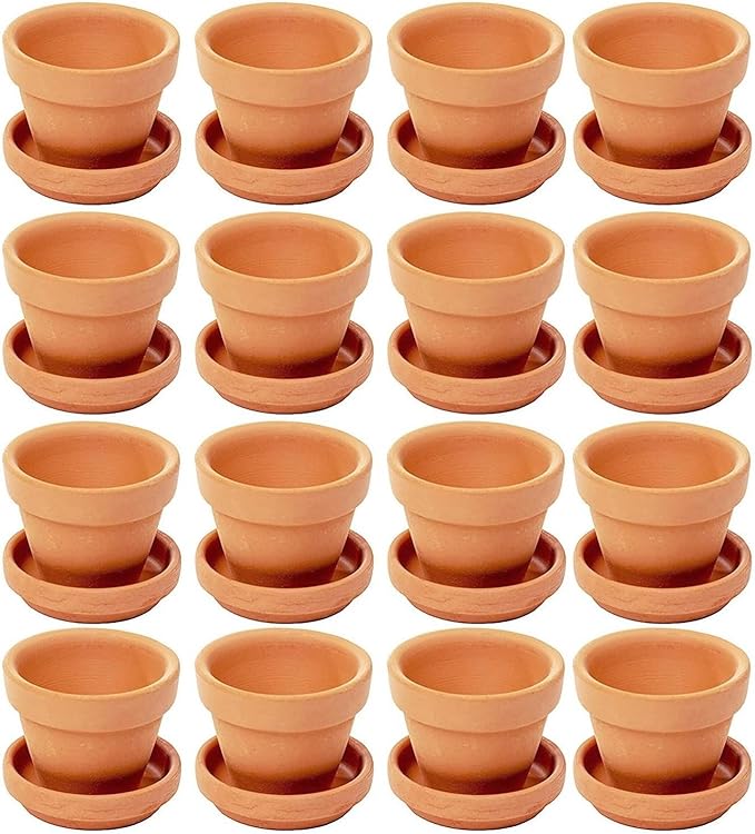 Juvale Miniature Clay Pots with Saucers & Drainage Holes - 1.9 x 2 x 1.7 inches - 16-Pack Rustic Terracotta Succulent Planters - Tiny Terracotta Pots with Tray for Garden Decor
