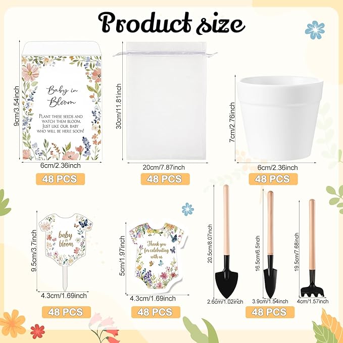 Amyhill 48 Sets Baby in Bloom Baby Shower Favors - Mini Succulent Pots, Seed Packets, Gardening Tools, Organza Bags for Guests Gender Reveal Birthday Party Gifts(White)