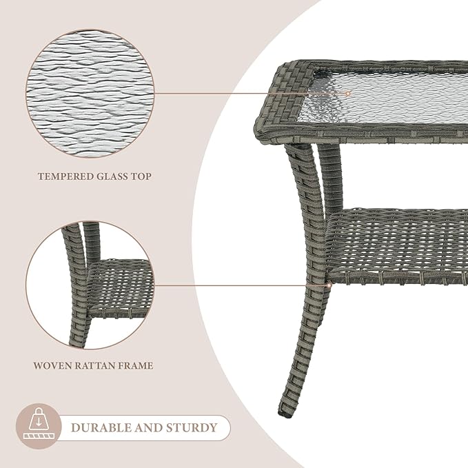 Patio Coffee Table Wicker Table Outdoor PE Rattan Glass Top Table with Storage Shelf Rectangle Patio Outdoor Coffee Table for Patio Garden Balcony Porch Deck Poolside, Grey
