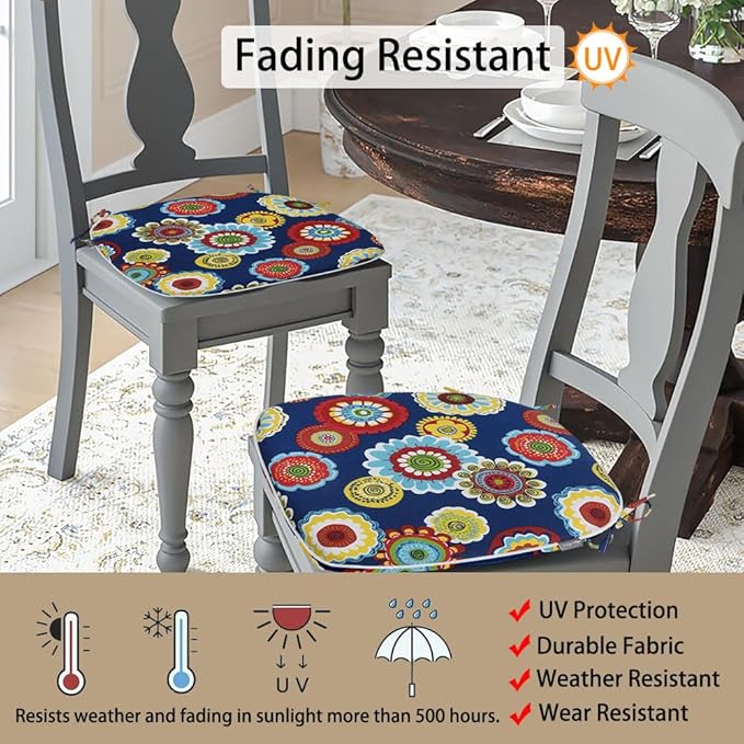 Magpie Fabrics Outdoor/Indoor 17"x16"x2" Chair Cushions with Ties Set of 4, Waterproof All Weather U-Shape Seat Pads Decoration for Patio Garden Furniture Home Office (Floral Navy)