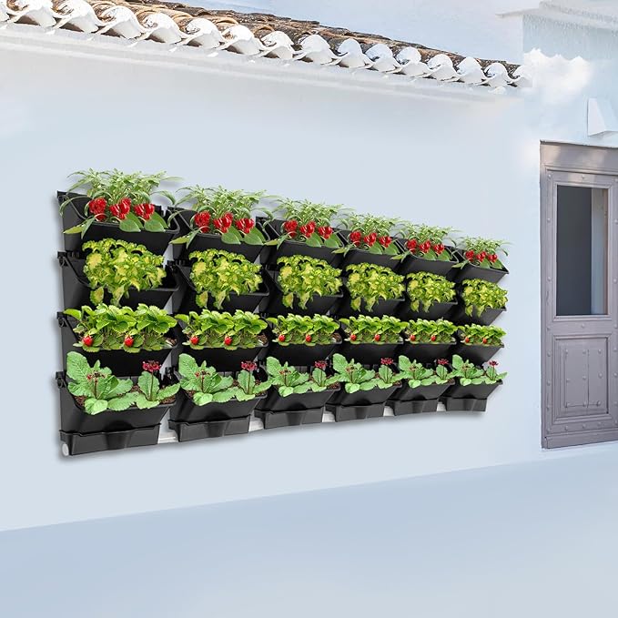 Vertical Wall Planter with 24 Pots, Hanging Garden Plant Flowerpot Holder, Stackable Wall-Mounted Planter, Balcony Planters for Flowers Vegetables Fruits (Black, 24 Pots+6 Drainage Planters&Pipe)