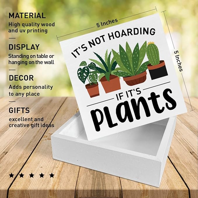 Plant Lover Desk Wooden Box Sign Decor, It's Not Hoarding If It's Plants, Plant Garden Decor Home Office Desk Decoration Gardening Gardener Planter Plant Lover Gifts for Women Men Teens Kids