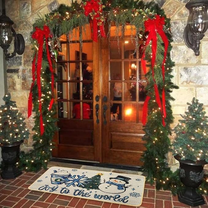 Christmas Welcome Doormat，Winter Outdoor Snowman Ice Cream Snowflake Xmas Tree Rug Decor Floor Front Door Mat Non-Slip Entrance Mat for Home Kitchen Bathroom Decorations 17 X 29 Inch