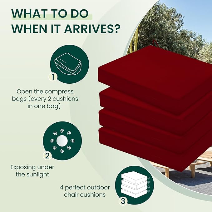 HARBOREST Outdoor Chair Cushions Set of 4, Water Resistant Patio Chair Cushions with Ties, Square Corner Outdoor Seat Cushions for Patio Furniture, 18.5"x16"x3", Burgundy